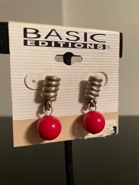 Basic Editions Silver-Tone Coiled Drop Earrings with Red Beads